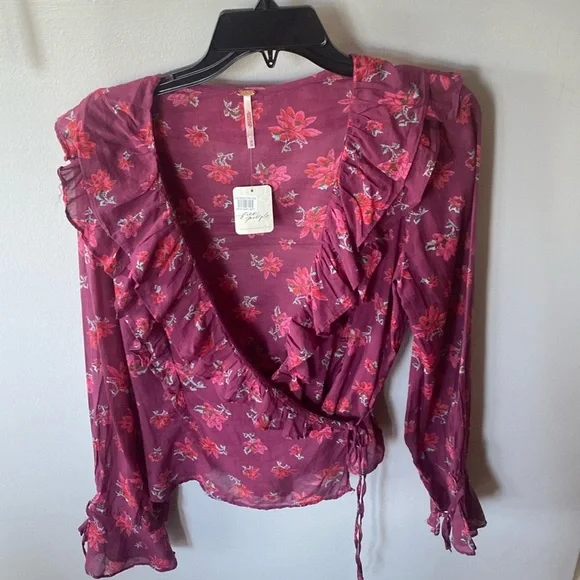 Free People Amanda Ruffle Wrap Top burgundy  Floral size M NWT - Picture 5 of 8